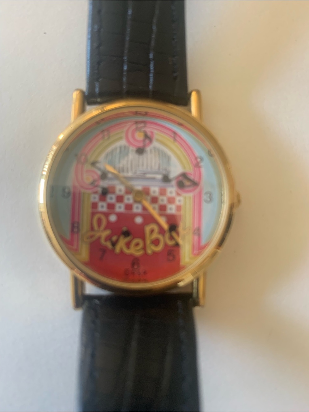Gold-Tone Jukebox Dial Watch with Black Strap